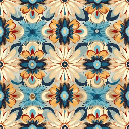 - Colorful Boho Pattern 2 Quilting Cotton Fabric  
- Floral motifs  
- Bohemian style  
- Soft beige, cream, blue, navy, and orange hues  
- Cotton textile  
- Quilting material  
- Repeating design  
- Decorative symmetrical shapes  
- Vintage-inspired  
- Textile yardage