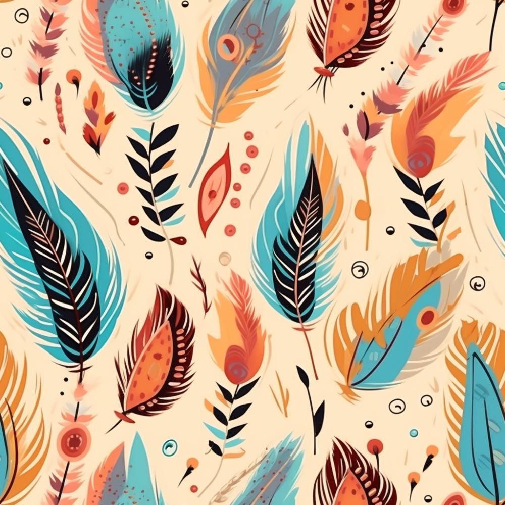 - Colorful Boho Pattern 8 Quilting Cotton Fabric  
- Bohemian  
- Feather motifs  
- Orange, teal, blue, black, beige  
- Bright, vibrant, earthy tones  
- Cotton textile  
- Quilting fabric  
- Decorative, artistic, natural elements  
- Ethnic style  
- Soft, lightweight, smooth texture