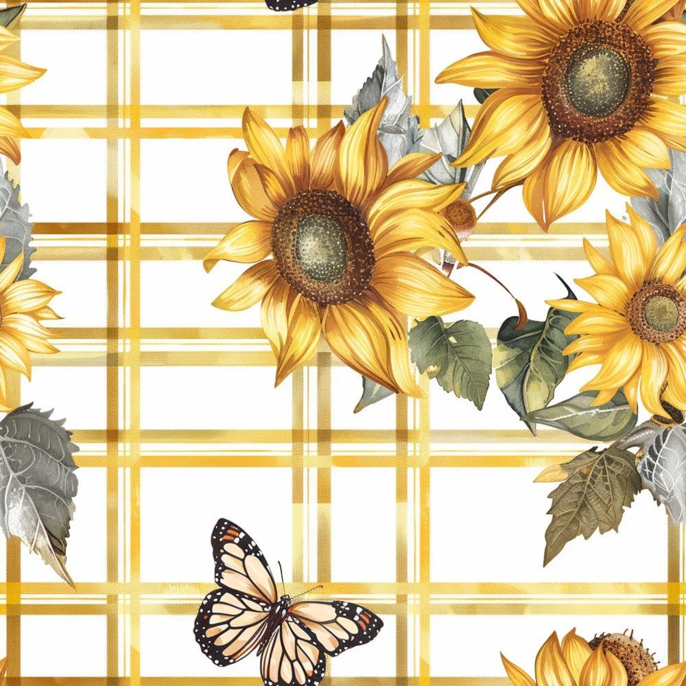 - Country Sunflower Butterfly Pattern 1 Quilting Cotton Fabric  
- Yellow sunflowers  
- Orange and black butterfly  
- Green and grey leaves  
- Plaid background  
- Floral design  
- Cotton material  
- Quilting fabric  
- Rustic charm  
- Nature theme  
- Warm tones  
- Decorative textile
