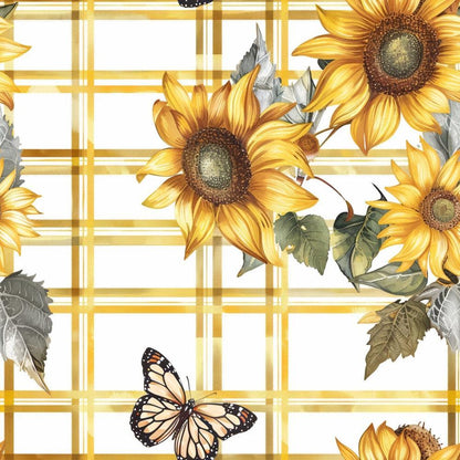 - Country Sunflower Butterfly Pattern 1 Quilting Cotton Fabric  
- Yellow sunflowers  
- Orange and black butterfly  
- Green and grey leaves  
- Plaid background  
- Floral design  
- Cotton material  
- Quilting fabric  
- Rustic charm  
- Nature theme  
- Warm tones  
- Decorative textile