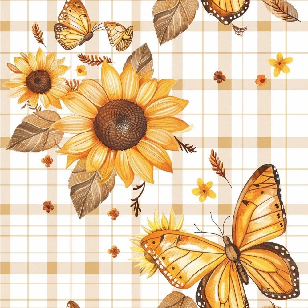 - Country Sunflower Butterfly Pattern 2 Quilting Cotton Fabric  
- Sunflowers, Butterflies, Leaves  
- Yellow, Orange, Brown, Beige  
- Floral, Nature, Garden, Autumn  
- Cotton, Quilting, Yardage, Soft, Textured