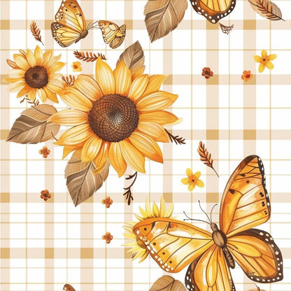 - Country Sunflower Butterfly Pattern 2 Quilting Cotton Fabric  
- Sunflowers, Butterflies, Leaves  
- Yellow, Orange, Brown, Beige  
- Floral, Nature, Garden, Autumn  
- Cotton, Quilting, Yardage, Soft, Textured