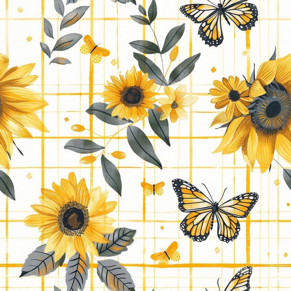 - Country Sunflower Butterfly Pattern 11 Quilting Cotton Fabric  
- Sunflowers, yellow, gold, orange  
- Butterflies, black, white, detailed wings  
- Leaves, green, grayish tones  
- Floral, nature-inspired, garden, spring  
- Quilting, cotton, soft texture, yardage  
- Elegant, rustic, decorative, creative textile