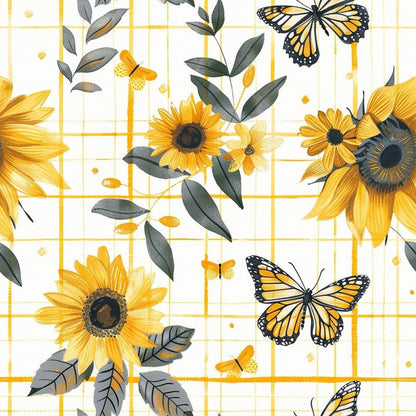 - Country Sunflower Butterfly Pattern 11 Quilting Cotton Fabric  
- Sunflowers, yellow, gold, orange  
- Butterflies, black, white, detailed wings  
- Leaves, green, grayish tones  
- Floral, nature-inspired, garden, spring  
- Quilting, cotton, soft texture, yardage  
- Elegant, rustic, decorative, creative textile