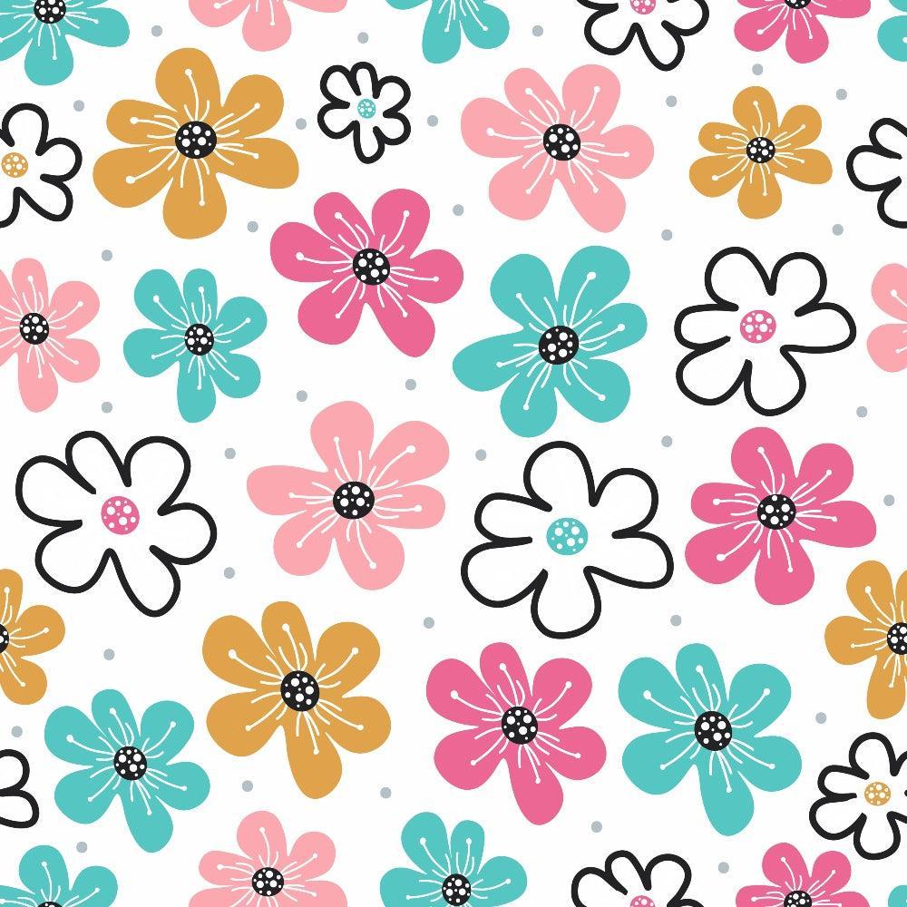 • Cute Abstract Doodles Pattern 10 Quilting Cotton Fabric • floral • doodles • whimsical • colorful • pink • teal • mustard • black outlines • white background • cotton • quilting material • playful • creative • handcrafted style