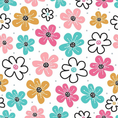 • Cute Abstract Doodles Pattern 10 Quilting Cotton Fabric • floral • doodles • whimsical • colorful • pink • teal • mustard • black outlines • white background • cotton • quilting material • playful • creative • handcrafted style