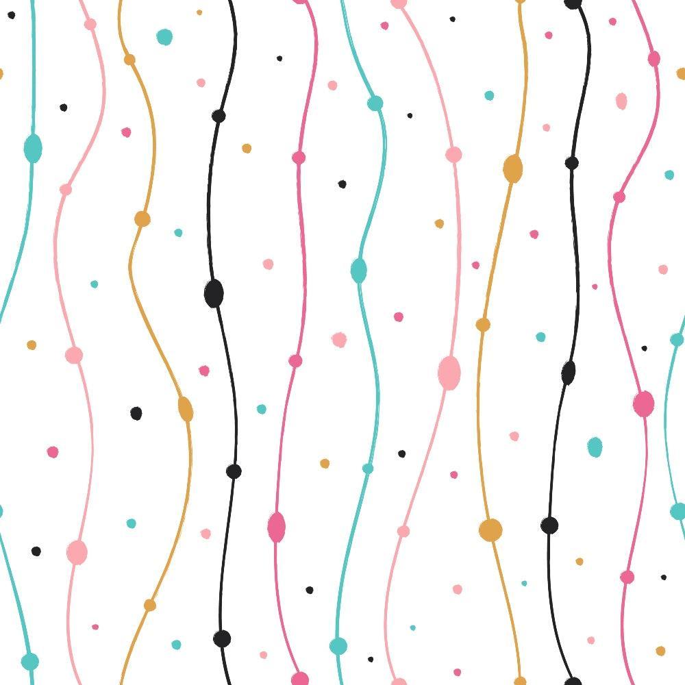 - Cute Abstract Doodles Pattern 14 Quilting Cotton Fabric  
- abstract lines  
- dots  
- wavy lines  
- pastel pink  
- teal blue  
- mustard yellow  
- black  
- white background  
- cotton fabric  
- quilting fabric  
- playful design  
- continuous yardage
