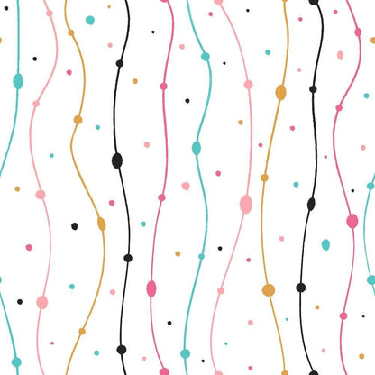 - Cute Abstract Doodles Pattern 14 Quilting Cotton Fabric  
- abstract lines  
- dots  
- wavy lines  
- pastel pink  
- teal blue  
- mustard yellow  
- black  
- white background  
- cotton fabric  
- quilting fabric  
- playful design  
- continuous yardage