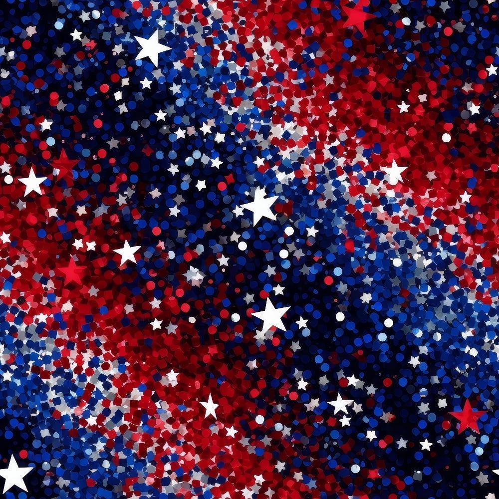 4th-of-July Glitter Pattern 11 Quilting Cotton Fabric featuring red, white, and blue colors, star shapes, glitter effect, patriotic theme, dots, celebratory design, premium quilting cotton textile.