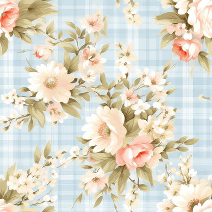 - Shabby Chic Floral Plaid Pattern 5 Quilting Cotton Fabric  
- pastel blue plaid background  
- cream, peach, and soft pink flowers  
- green leaves and beige stems  
- vintage floral design  
- cotton quilting fabric  
- cottage style, elegant, delicate  
- soft colors, garden flowers, classic plaid