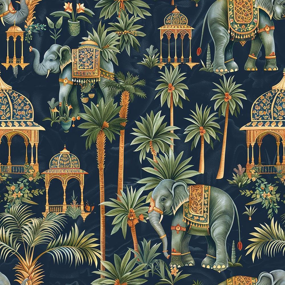 Ananyas Elephant Elegance Pattern 1 Quilting Cotton Fabric featuring decorative elephants, tropical palm trees, intricate architectural motifs, dark blue background, green foliage, orange and gold accents, traditional design, quilting textile, cotton material, ornamental pattern.