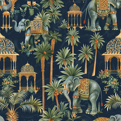 Ananyas Elephant Elegance Pattern 1 Quilting Cotton Fabric featuring decorative elephants, tropical palm trees, intricate architectural motifs, dark blue background, green foliage, orange and gold accents, traditional design, quilting textile, cotton material, ornamental pattern.