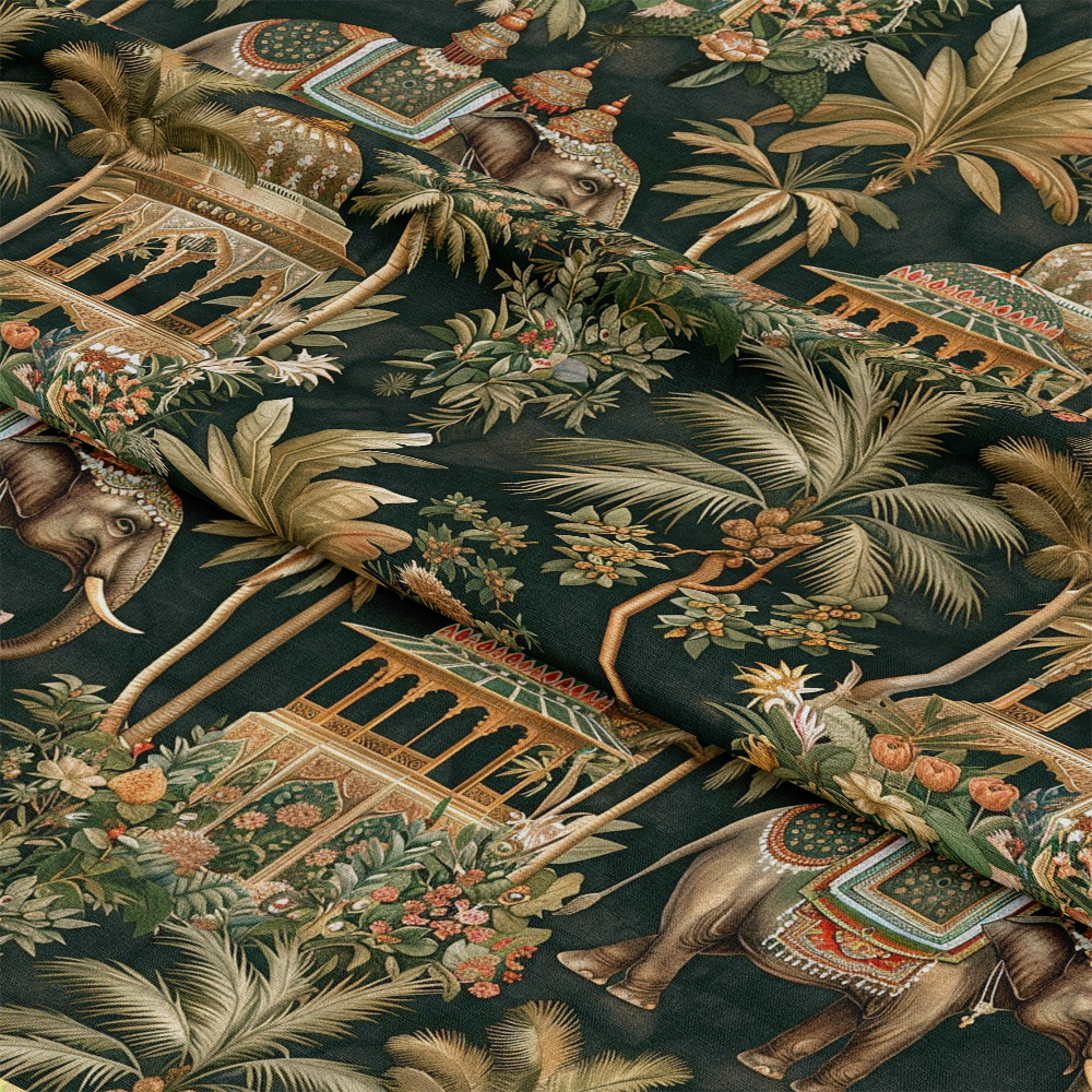 Ananyas Elephant Elegance Pattern 6 Quilting Cotton Fabric, cotton, quilting, dark green, beige, brown, elephant motifs, floral design, tropical leaves, decorative, traditional style, soft texture, yardage fabric, premium quality