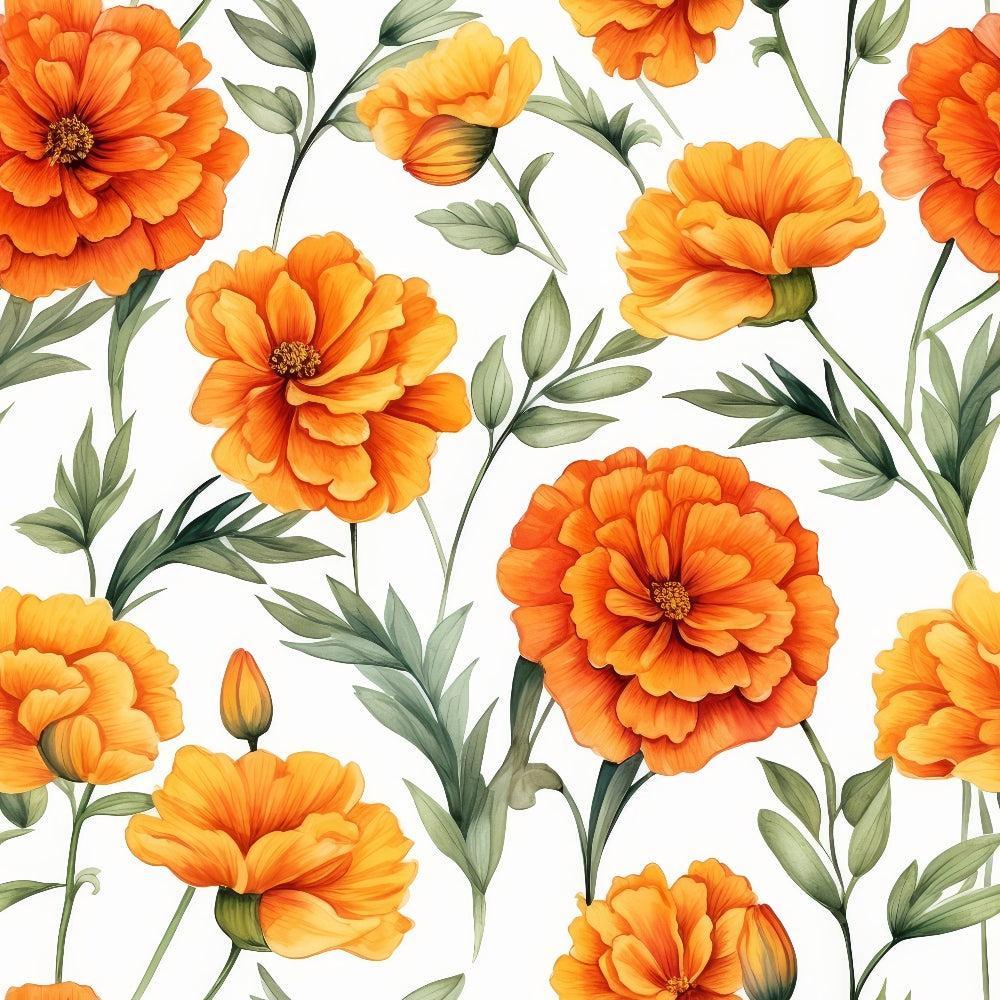 - Watercolor Marigold Flower Pattern 2 Quilting Cotton Fabric  
- Orange marigold flowers  
- Green leaves  
- Floral design  
- Quilting fabric  
- Cotton textile  
- Botanical motifs  
- Vibrant colors  
- Textile material  
- Decorative fabric