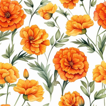 - Watercolor Marigold Flower Pattern 2 Quilting Cotton Fabric  
- Orange marigold flowers  
- Green leaves  
- Floral design  
- Quilting fabric  
- Cotton textile  
- Botanical motifs  
- Vibrant colors  
- Textile material  
- Decorative fabric