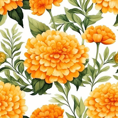 - Watercolor Marigold Flower Pattern 4 Quilting Cotton Fabric  
- Orange marigold blooms  
- Green leaves and stems  
- Botanical floral design  
- Quilting cotton material  
- Soft texture fabric  
- Natural colors  
- Flower garden print  
- Artistic floral motif