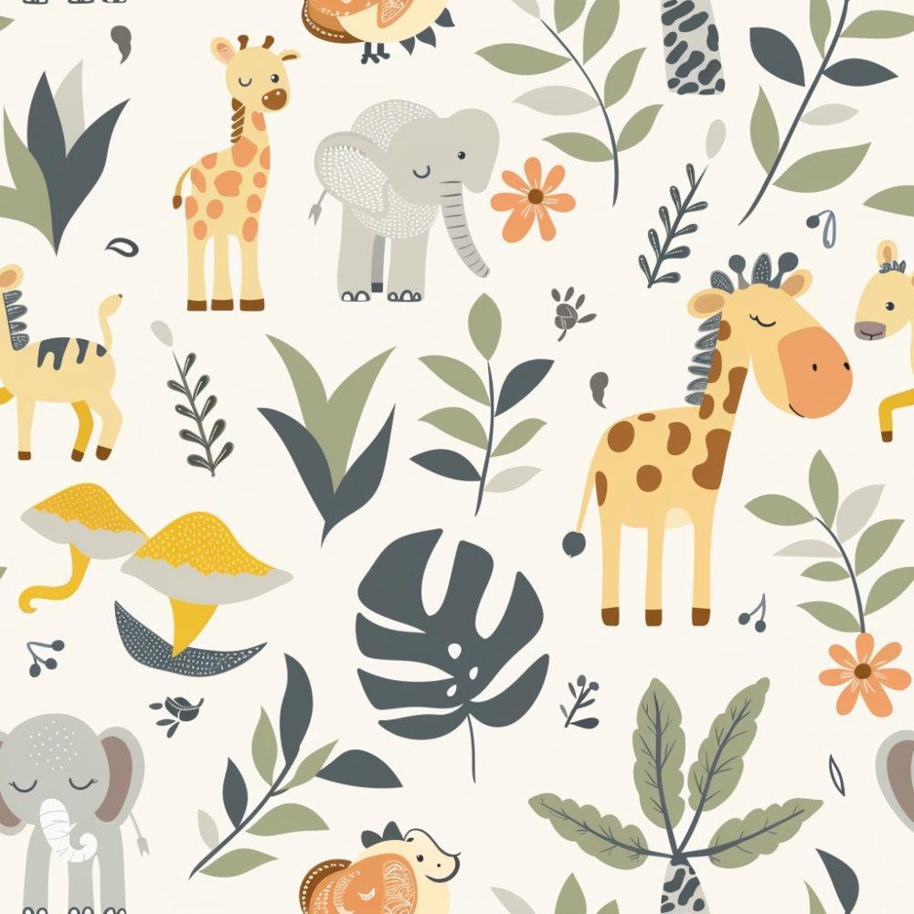 - Baby Safari Animals Pattern 6 Quilting Cotton Fabric  
- Cute giraffe, elephant, lion, ostrich  
- Green, beige, yellow, orange colors  
- Jungle leaves, tropical plants  
- Cotton textile, quilting material  
- Playful, child-friendly design  
- Soft fabric, yardage available