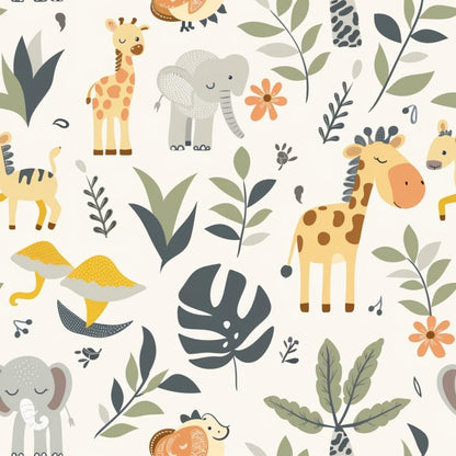 - Baby Safari Animals Pattern 6 Quilting Cotton Fabric  
- Cute giraffe, elephant, lion, ostrich  
- Green, beige, yellow, orange colors  
- Jungle leaves, tropical plants  
- Cotton textile, quilting material  
- Playful, child-friendly design  
- Soft fabric, yardage available