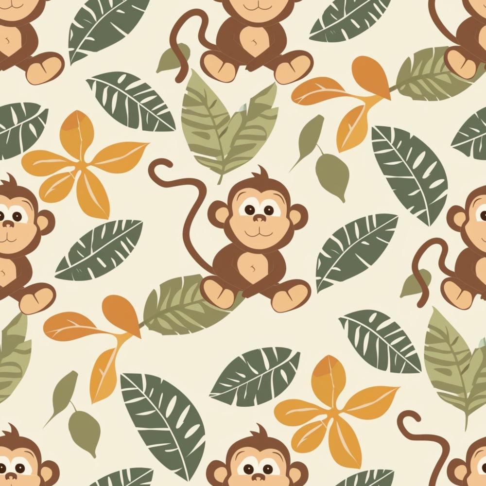 - Baby Safari Animals Pattern 17 Quilting Cotton Fabric  
- Cute monkey motif  
- Jungle leaves design  
- Green, brown, orange, beige colors  
- Quilting fabric, cotton material  
- Playful, tropical theme  
- Yardage fabric for sewing projects