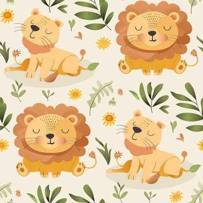 - Baby Safari Animals Pattern 21 Quilting Cotton Fabric  
- Cute lions, playful cubs  
- Yellow, tan, brown, green colors  
- Cartoon animals, smiling faces  
- Botanical elements, leaves, flowers  
- Soft, quilting cotton, yardage fabric  
- Whimsical, child-friendly design