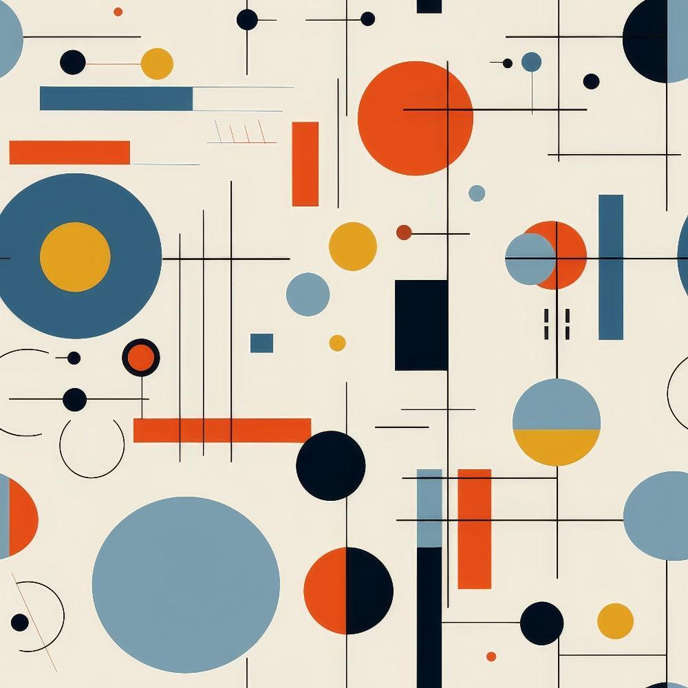 • Bauhaus Art Pattern 5 Quilting Cotton Fabric  
• geometric shapes  
• circles, lines, rectangles  
• modern, abstract design  
• colors: orange, navy blue, mustard yellow, light blue, black, cream background  
• cotton material  
• quilting fabric  
• artistic, mid-century style  
• seamless, continuous textile