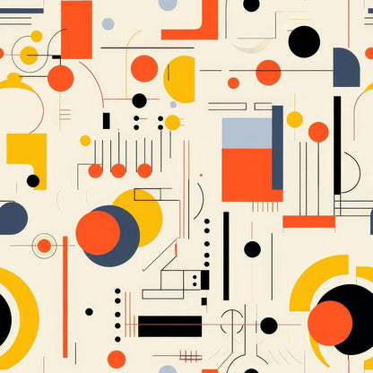 - Bauhaus Art Pattern 7 Quilting Cotton Fabric  
- geometric shapes  
- circles, rectangles, lines  
- orange, yellow, black, blue, cream  
- modern, abstract, minimalist  
- quilting, cotton, textile, fabric  
- artistic, contemporary, mid-century design