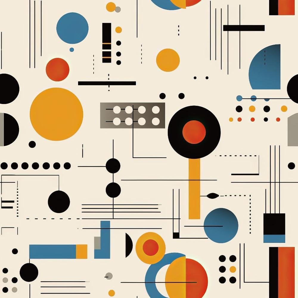 - Bauhaus Art Pattern 11 Quilting Cotton Fabric  
- geometric shapes  
- circles  
- lines  
- dots  
- abstract design  
- modern  
- colorful  
- blue  
- orange  
- black  
- beige background  
- textile  
- quilting  
- cotton  
- fabric