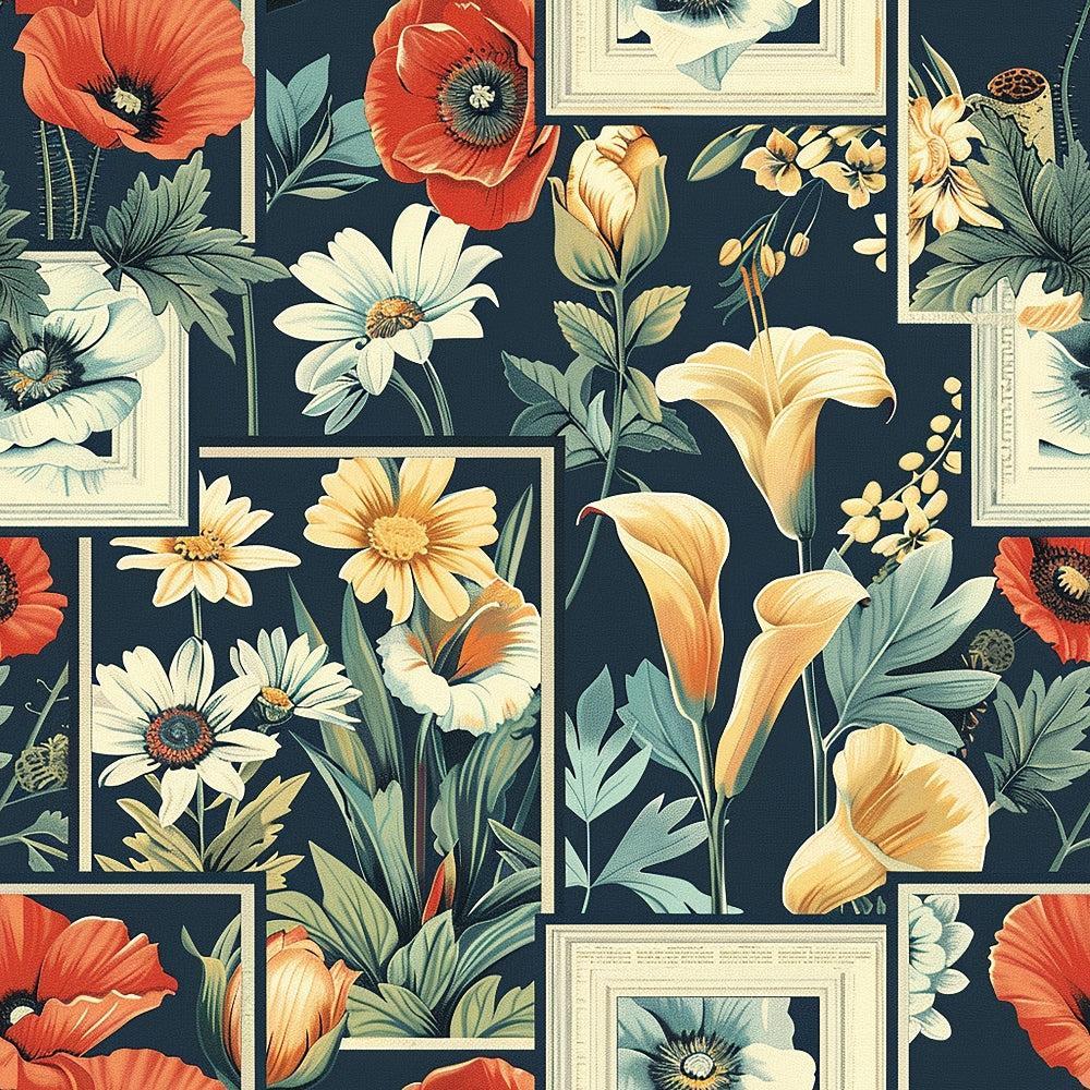 - Eliza's Floral Grids Pattern 12 Quilting Cotton Fabric  
- floral design  
- grid layout  
- vibrant red poppies  
- white daisies  
- yellow lilies  
- green leaves  
- botanical print  
- quilt fabric  
- cotton textile  
- vintage style  
- decorative squares  
- nature-inspired