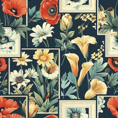 - Eliza's Floral Grids Pattern 12 Quilting Cotton Fabric  
- floral design  
- grid layout  
- vibrant red poppies  
- white daisies  
- yellow lilies  
- green leaves  
- botanical print  
- quilt fabric  
- cotton textile  
- vintage style  
- decorative squares  
- nature-inspired