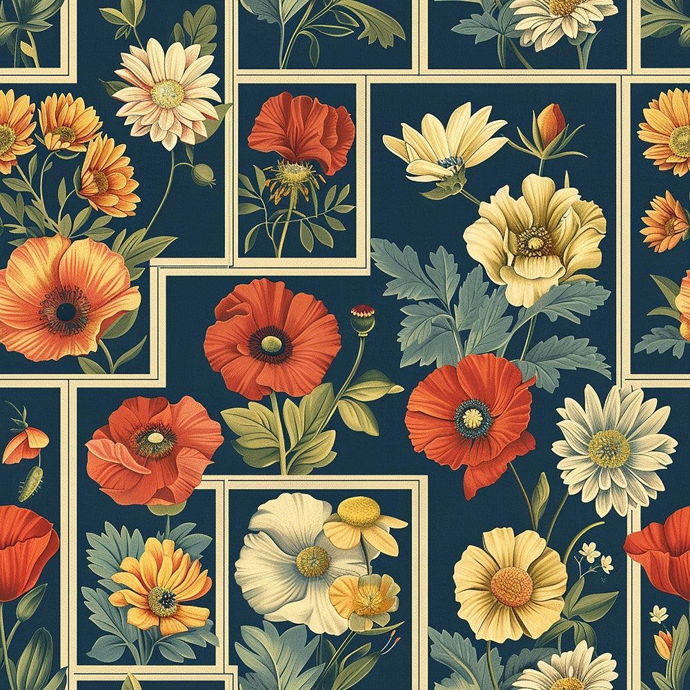 - Eliza's Floral Grids Pattern 14 Quilting Cotton Fabric  
- Floral  
- Grids  
- Flowers  
- Vintage  
- Botanical  
- Orange  
- Cream  
- Yellow  
- Green leaves  
- Navy background  
- Cotton fabric  
- Quilting material