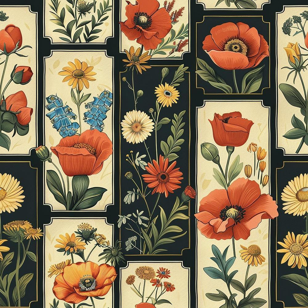 - Eliza's Floral Grids Pattern 15 Quilting Cotton Fabric  
- quilting fabric, cotton textile, floral design, botanical print  
- orange poppies, yellow daisies, bluebells  
- grid layout, vintage style, cream and black background  
- spring flowers, garden motifs, nature-inspired textile