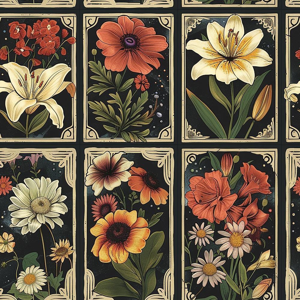 - Eliza's Floral Grids Pattern 18 Quilting Cotton Fabric  
- Floral grid design  
- Vintage style flowers  
- Black background  
- Orange, cream, yellow, green  
- Quilting cotton fabric  
- Botanical motifs  
- Square framed floral blocks  
- Home decor fabric  
- Artistic, detailed blooms