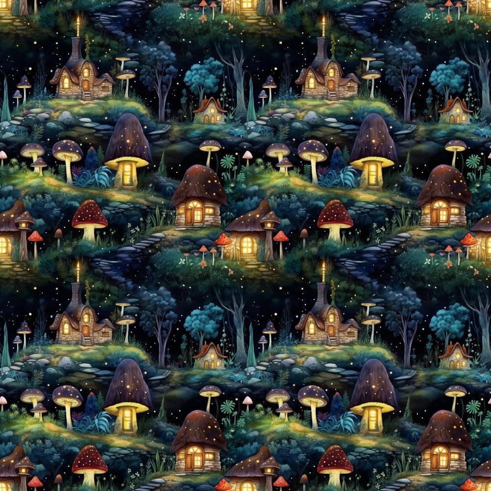 - Fairy Houses Pattern 3 Quilting Cotton Fabric  
- whimsical mushroom cottages  
- glowing windows  
- nighttime forest scene  
- dark green foliage  
- blue and teal trees  
- illuminated fairy homes  
- magical, enchanted landscape  
- quilting material  
- cotton textile  
- dreamy woodland design