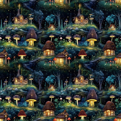 - Fairy Houses Pattern 3 Quilting Cotton Fabric  
- whimsical mushroom cottages  
- glowing windows  
- nighttime forest scene  
- dark green foliage  
- blue and teal trees  
- illuminated fairy homes  
- magical, enchanted landscape  
- quilting material  
- cotton textile  
- dreamy woodland design