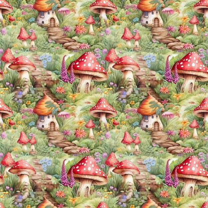 - Fairy Houses Pattern 7 Quilting Cotton Fabric  
- whimsical  
- fairy tale  
- mushroom houses  
- nature  
- green  
- red  
- brown  
- floral  
- garden  
- cottage  
- colorful  
- crafting  
- sewing  
- quilting  
- cotton fabric