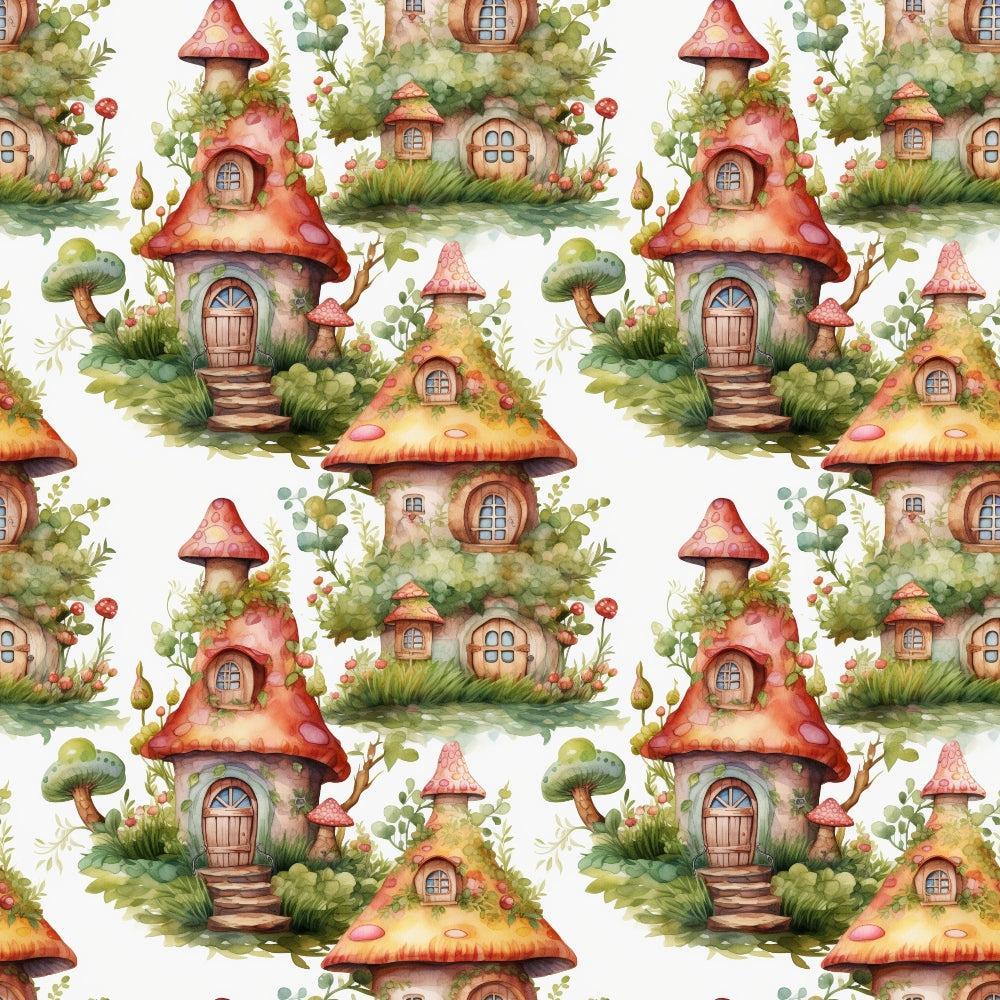 - Fairy Houses Pattern 11 Quilting Cotton Fabric  
- whimsical cottages  
- mushroom-shaped houses  
- green foliage  
- fairy tale inspired  
- soft watercolor tones  
- earthy greens  
- warm reds  
- light browns  
- cotton quilting textile  
- charming design  
- craft material  
- nature-themed print