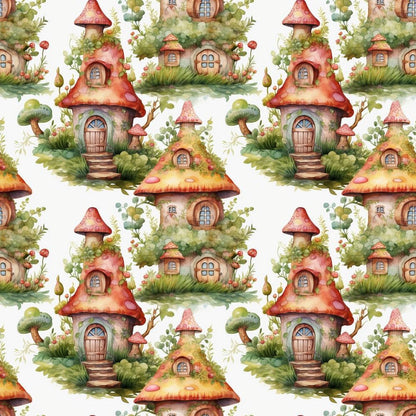 - Fairy Houses Pattern 11 Quilting Cotton Fabric  
- whimsical cottages  
- mushroom-shaped houses  
- green foliage  
- fairy tale inspired  
- soft watercolor tones  
- earthy greens  
- warm reds  
- light browns  
- cotton quilting textile  
- charming design  
- craft material  
- nature-themed print