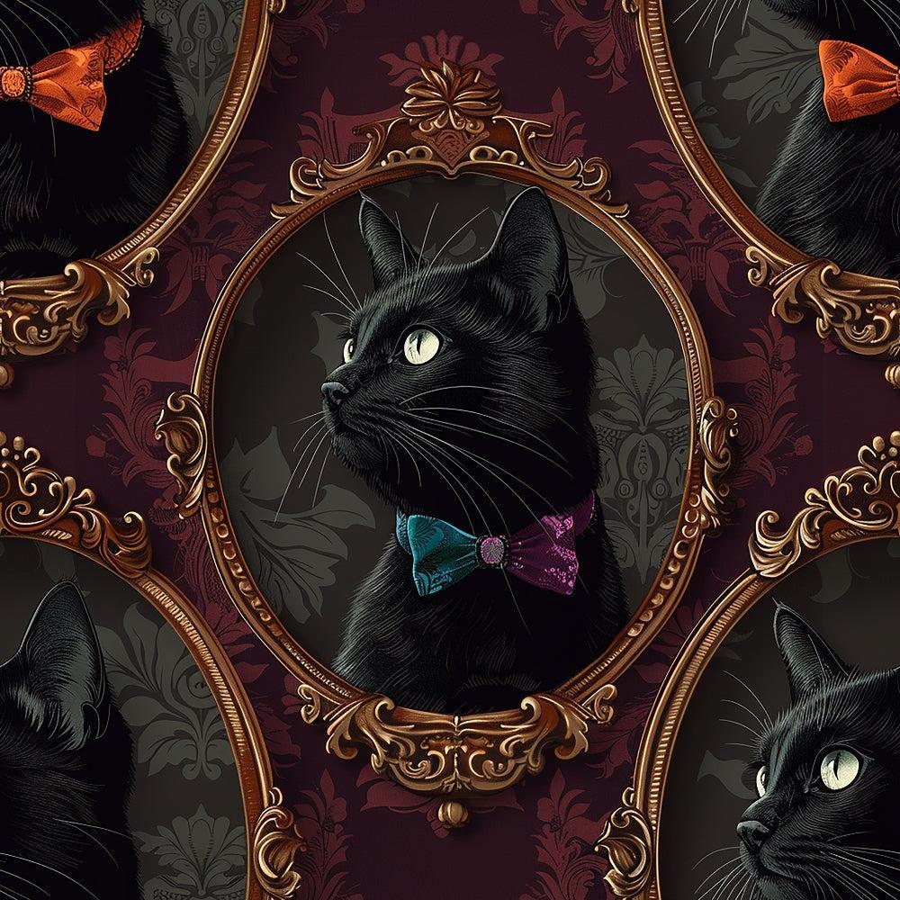 - Fancy Feline Portraits Pattern 2 Quilting Cotton Fabric  
- black cats  
- ornate frames  
- burgundy background  
- teal bow tie  
- orange bow tie  
- floral motifs  
- elegant vintage style  
- quilting material  
- cotton textile  
- pet portrait design  
- classic decorative elements