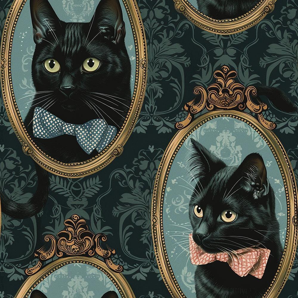 - Fancy Feline Portraits Pattern 7 Quilting Cotton Fabric  
- Black cats  
- Vintage frames  
- Ornate borders  
- Bow ties  
- Teal background  
- Gold accents  
- Illustrative design  
- Quilting cotton  
- Decorative fabric  
- Elegant feline portraits  
- Classic style  
- Stylish cats  
- Textile print  
- Soft cotton material