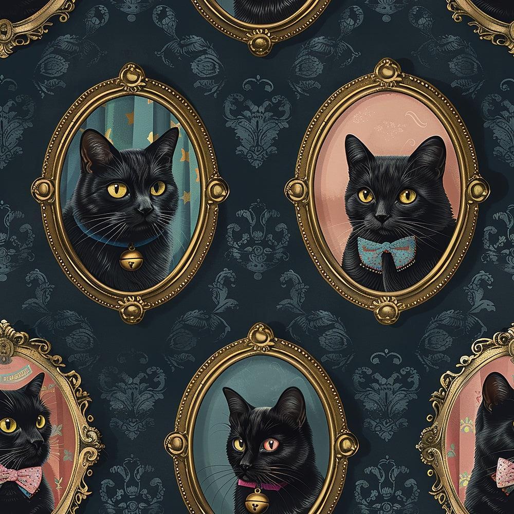 - Fancy Feline Portraits Pattern 9 Quilting Cotton Fabric  
- black cats  
- vintage frames  
- gold accents  
- dark blue background  
- portrait style  
- bell collar  
- bow tie  
- decorative floral motifs  
- quilting cotton  
- fabric yardage  
- elegant feline design