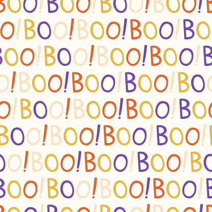 - Halloween City Pattern 5 Quilting Cotton Fabric  
- Halloween theme  
- Cotton fabric  
- Quilting fabric  
- Text design  
- Boo text  
- Orange letters  
- Purple letters  
- Yellow letters  
- Repeated lettering  
- Seasonal fabric  
- Craft fabric  
- Holiday print