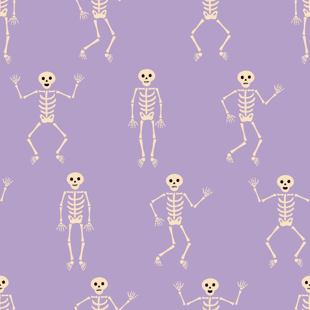 - Halloween City Pattern 11 Quilting Cotton Fabric  
- purple background  
- beige skeletons  
- dancing skeletons  
- spooky theme  
- Halloween design  
- cotton textile  
- festive print  
- seasonal fabric  
- quilting material  
- fun Halloween motif