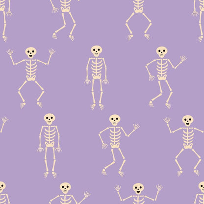 - Halloween City Pattern 11 Quilting Cotton Fabric  
- purple background  
- beige skeletons  
- dancing skeletons  
- spooky theme  
- Halloween design  
- cotton textile  
- festive print  
- seasonal fabric  
- quilting material  
- fun Halloween motif