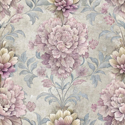 • Hydrangeas Peonies Pattern 1 Quilting Cotton Fabric • floral design • pink, mauve, beige, lavender, gray • vintage style • botanical • leaves • textured background • cotton material • quilting fabric • delicate flowers • elegant • soft colors • decorative textile