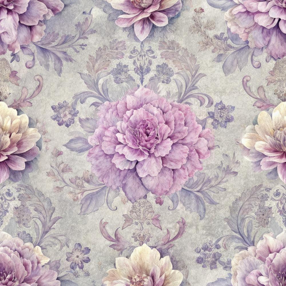 - Hydrangeas Peonies Pattern 6 Quilting Cotton Fabric  
- floral design  
- purple, lavender, beige, cream, soft gray colors  
- blooming flowers  
- vintage style  
- cotton textile  
- quilting fabric  
- elegant botanical motif  
- delicate leaves  
- seamless fabric design