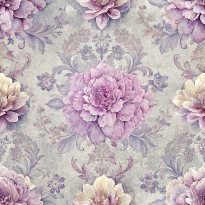 - Hydrangeas Peonies Pattern 6 Quilting Cotton Fabric  
- floral design  
- purple, lavender, beige, cream, soft gray colors  
- blooming flowers  
- vintage style  
- cotton textile  
- quilting fabric  
- elegant botanical motif  
- delicate leaves  
- seamless fabric design