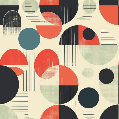 - Mid-Century Muse Pattern 3 Quilting Cotton Fabric  
- geometric shapes  
- circles  
- semi-circles  
- lines  
- retro  
- vintage style  
- modern  
- abstract  
- muted red  
- black  
- teal  
- beige  
- sage green  
- quilting fabric  
- cotton textile  
- mid-century modern design
