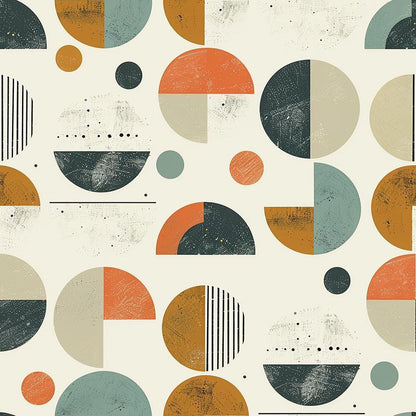 - Mid-Century Muse Pattern 9 Quilting Cotton Fabric - geometric circles - semicircles - muted teal - burnt orange - beige - charcoal black - minimalist shapes - modern vintage design - textured surface - cotton textile - quilting material