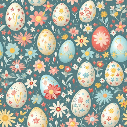 - Easter Eggs Pattern 16 Quilting Cotton Fabric  
- pastel colors  
- floral designs  
- spring motifs  
- multicolored eggs  
- soft blue background  
- decorative blooms  
- craft fabric  
- quilting material  
- cotton textile  
- seasonal print  
- charming and playful  
- fabric yardage