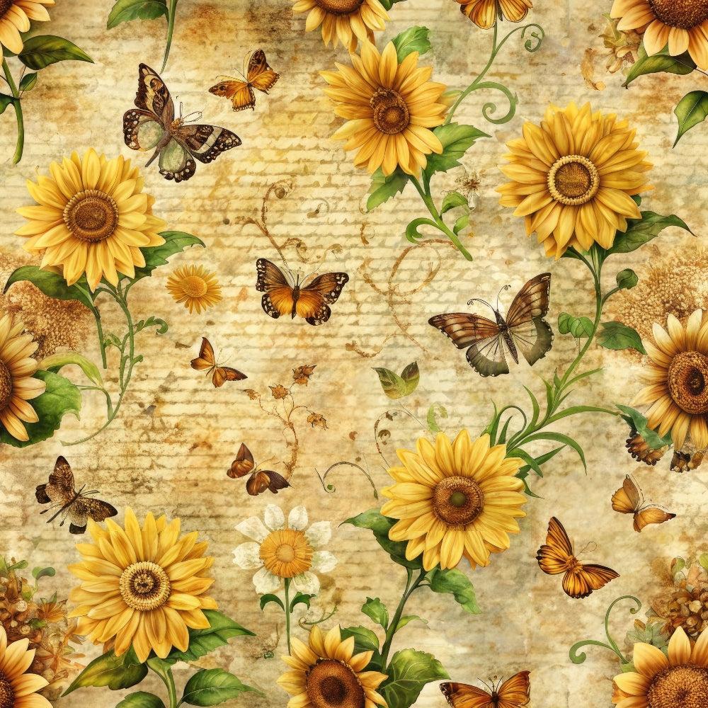 - Vintage Sunflowers and Butterflies Pattern 6 Quilting Cotton Fabric  
- Yellow sunflowers  
- Orange brown butterflies  
- Green leaves  
- Floral design  
- Garden theme  
- Rustic background  
- Soft cotton texture  
- Quilting fabric  
- Nature inspired  
- Earth tones  
- Decorative textile
